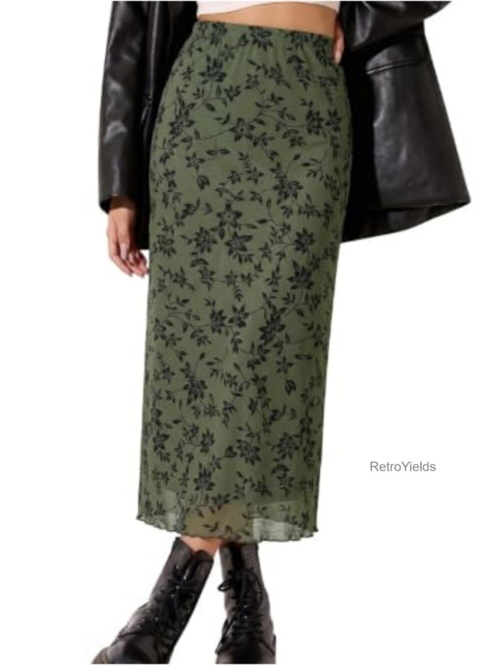 Mesh Floral Boho Midi Skirt High Waist Lettuce Hem